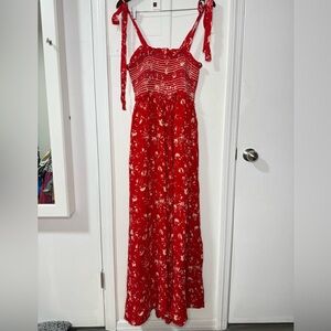 FREE PEOPLE red floral print wide leg shoulder tie jumpsuit, size S